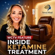 Promotional graphic for Novel Mind & Wellness Center featuring founder Kelle Logan beside a ketamine treatment room with the text "WCTV Feature" and "Inside Ketamine Treatment."