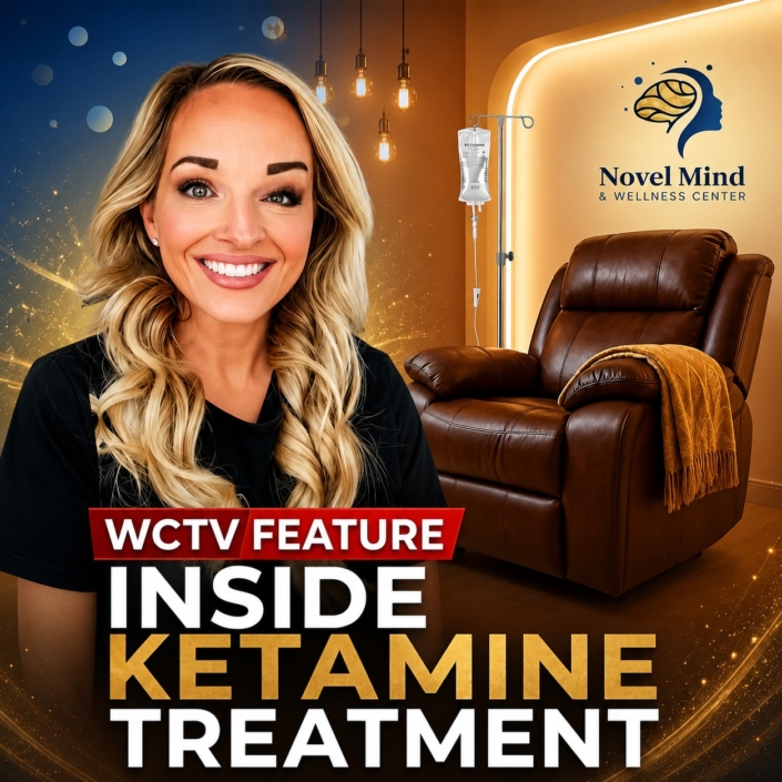 Novel Mind & Wellness Center Featured on WCTV’s Behind the Business Promotional graphic for Novel Mind & Wellness Center featuring founder Kelle Logan beside a ketamine treatment room with the text "WCTV Feature" and "Inside Ketamine Treatment."